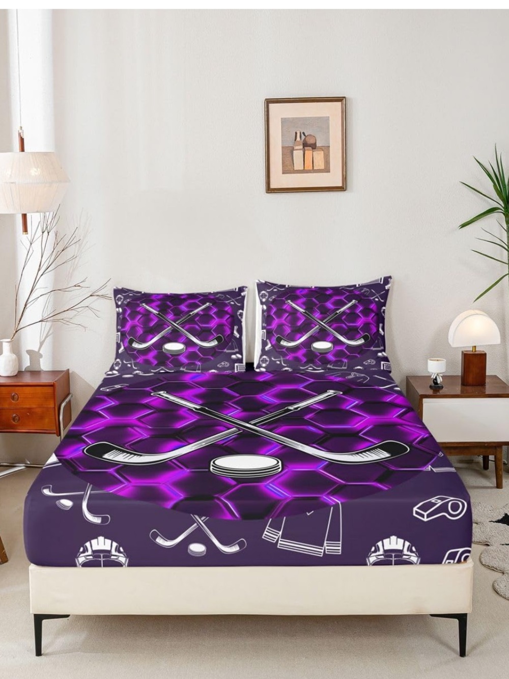 Purple Hockey-Themed Bedding Set